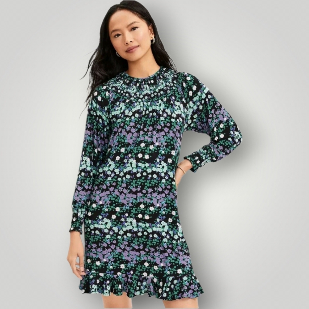 LOFT Ditsy Floral Smocked Ruffle Dress Medium‎ Dark Cottagecore Romantic Midi